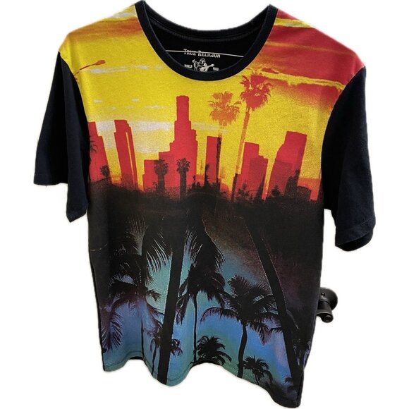 True Religion Other - True Religion Shirt Mens Large Black Sunset City Allover Print Los Angeles Retro